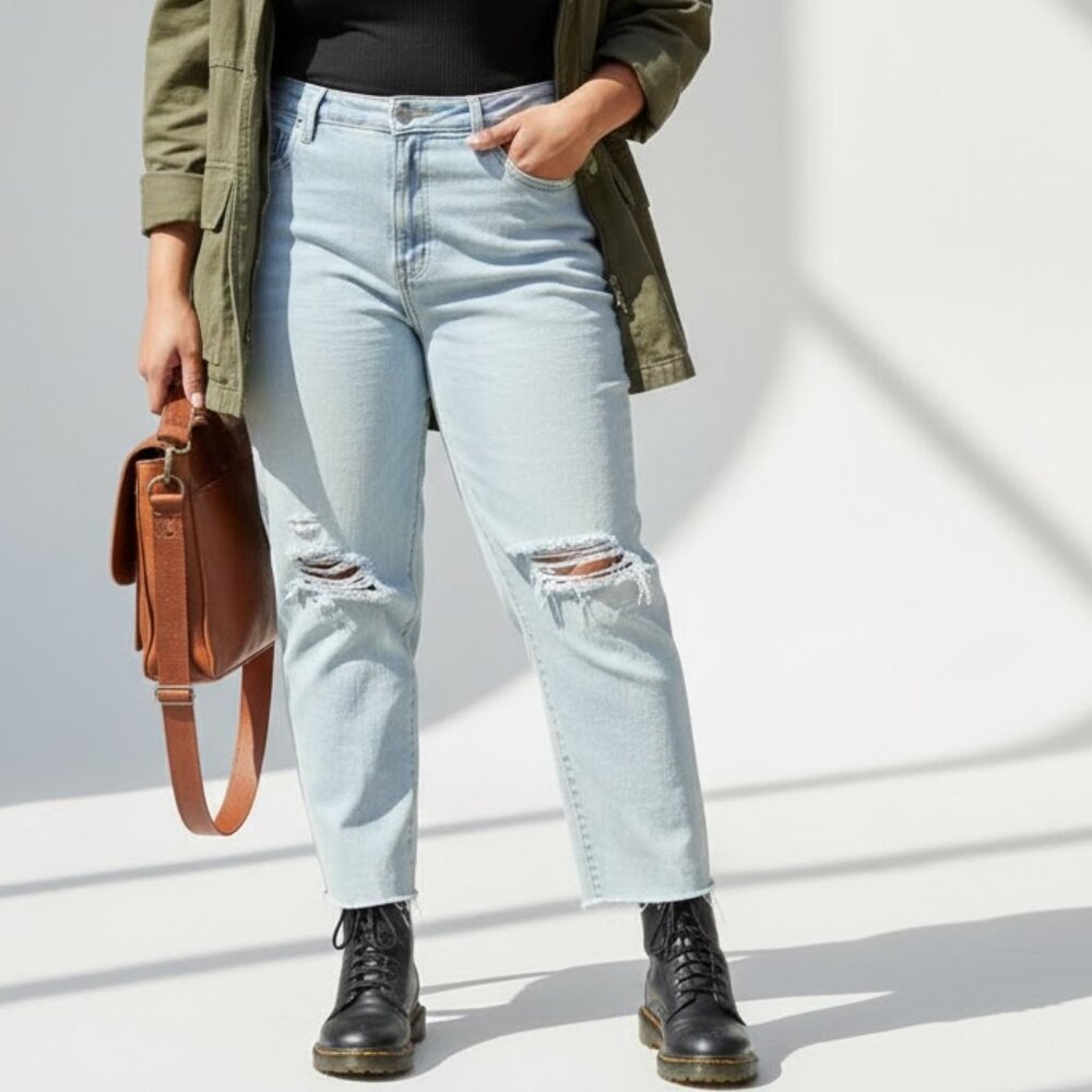 Old Navy NWT Size 18 Extra High Waisted Button Fly Straight Ripped Denim Jeans